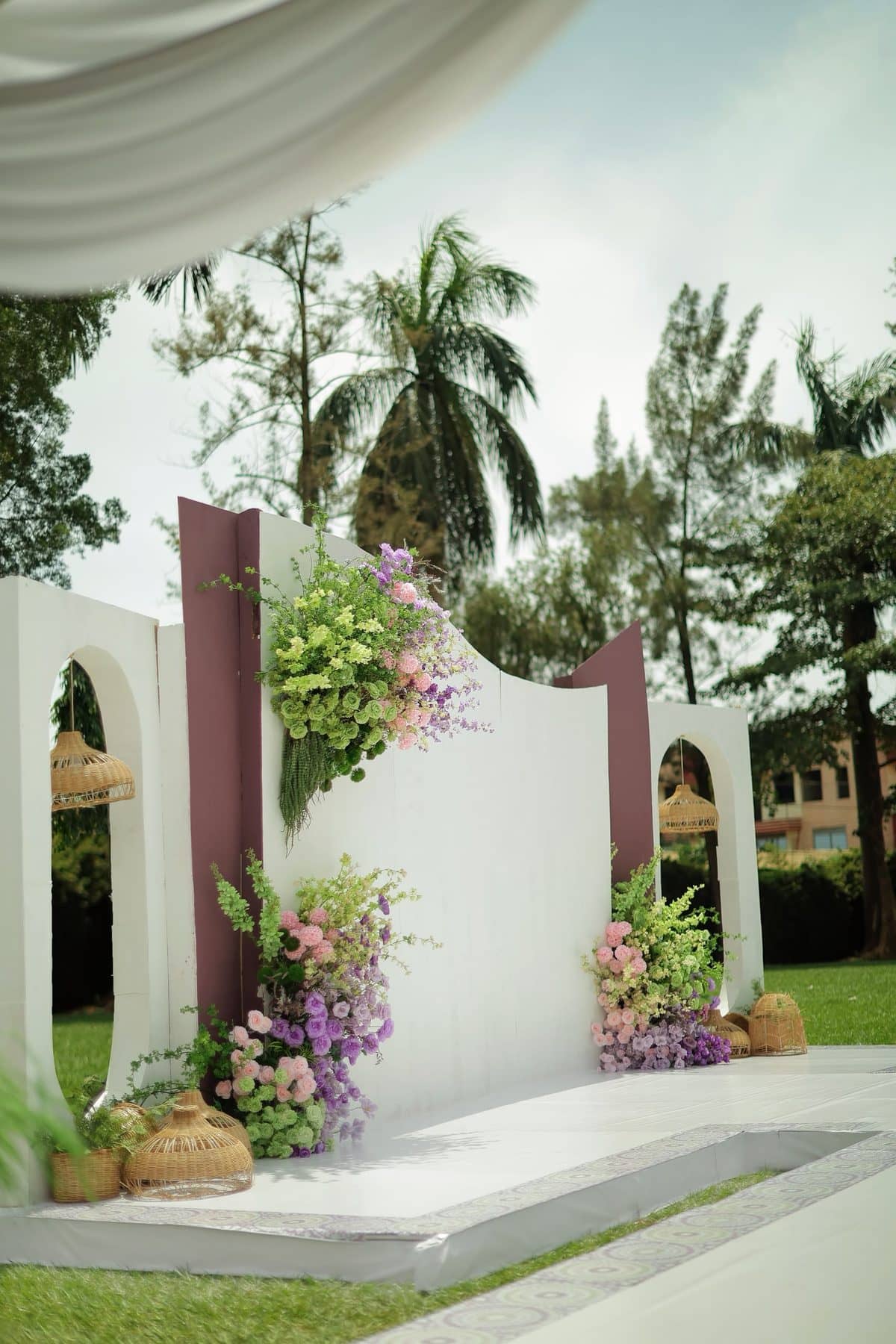 An arched floral installation in the garden