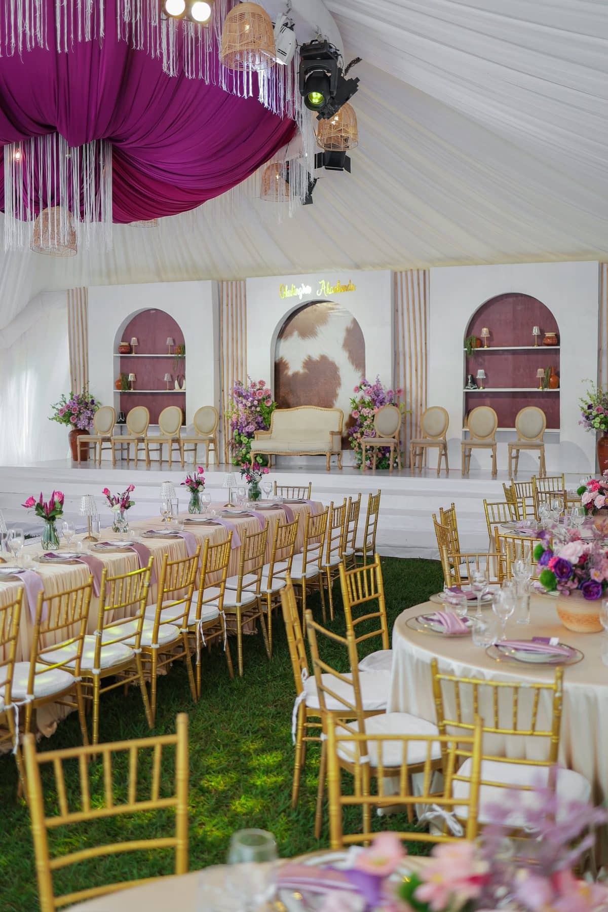 A plum canopy brings drama overhead