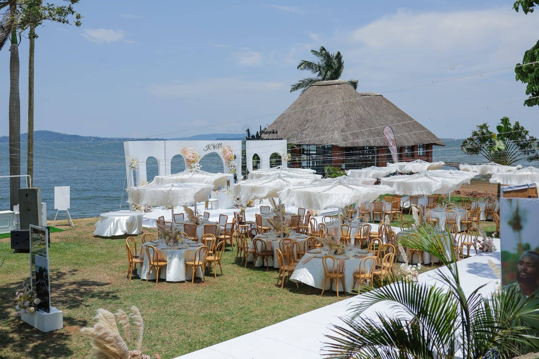 Tables set along the lakeshore